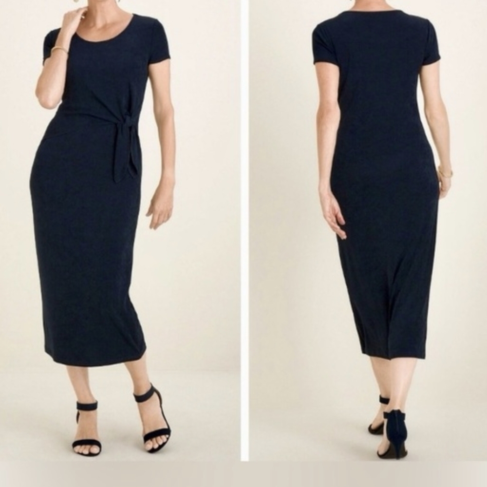 Chico's Travelers Womens Dress Midi Knot Navy Blue Travel Packable Small 4 0